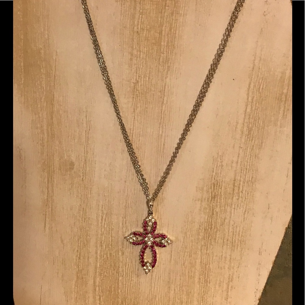 JJJ Pink and Clear Rhinestone Cross Necklace